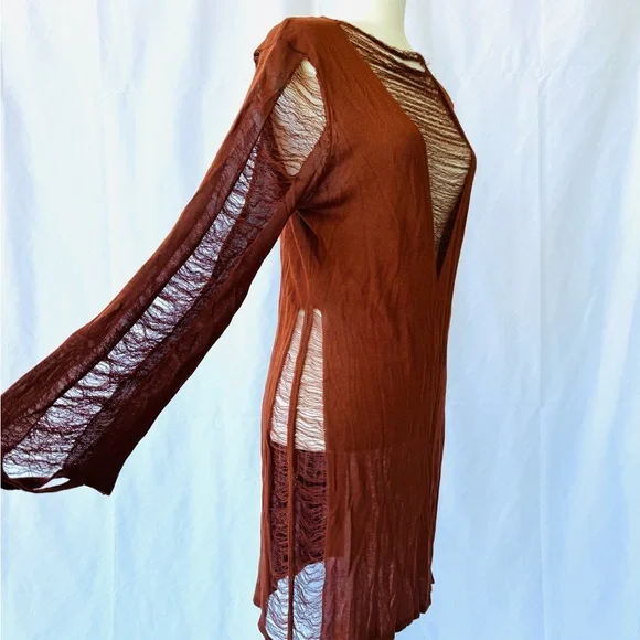 Missguided Rust-Brown Mini Dress with Ripped Texture Cuts. - Picture 3 of 7